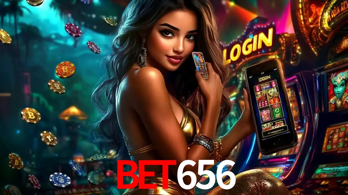 Mulher em um cenário de cassino temático de aventura, mostrando o app de caça-níqueis da BET656 no celular. Fichas de apostas flutuam ao redor.