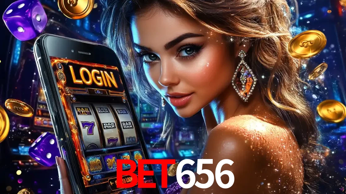 Mulher glamorosa segurando um smartphone com a tela de login para os jogos de caça-níqueis do cassino online BET656, com moedas de ouro e dados ao redor.